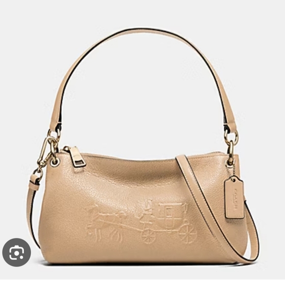 Coach Handbags - Coach Charley Embossed Horse and Carriage Pebbled Leather Crossbody TAN